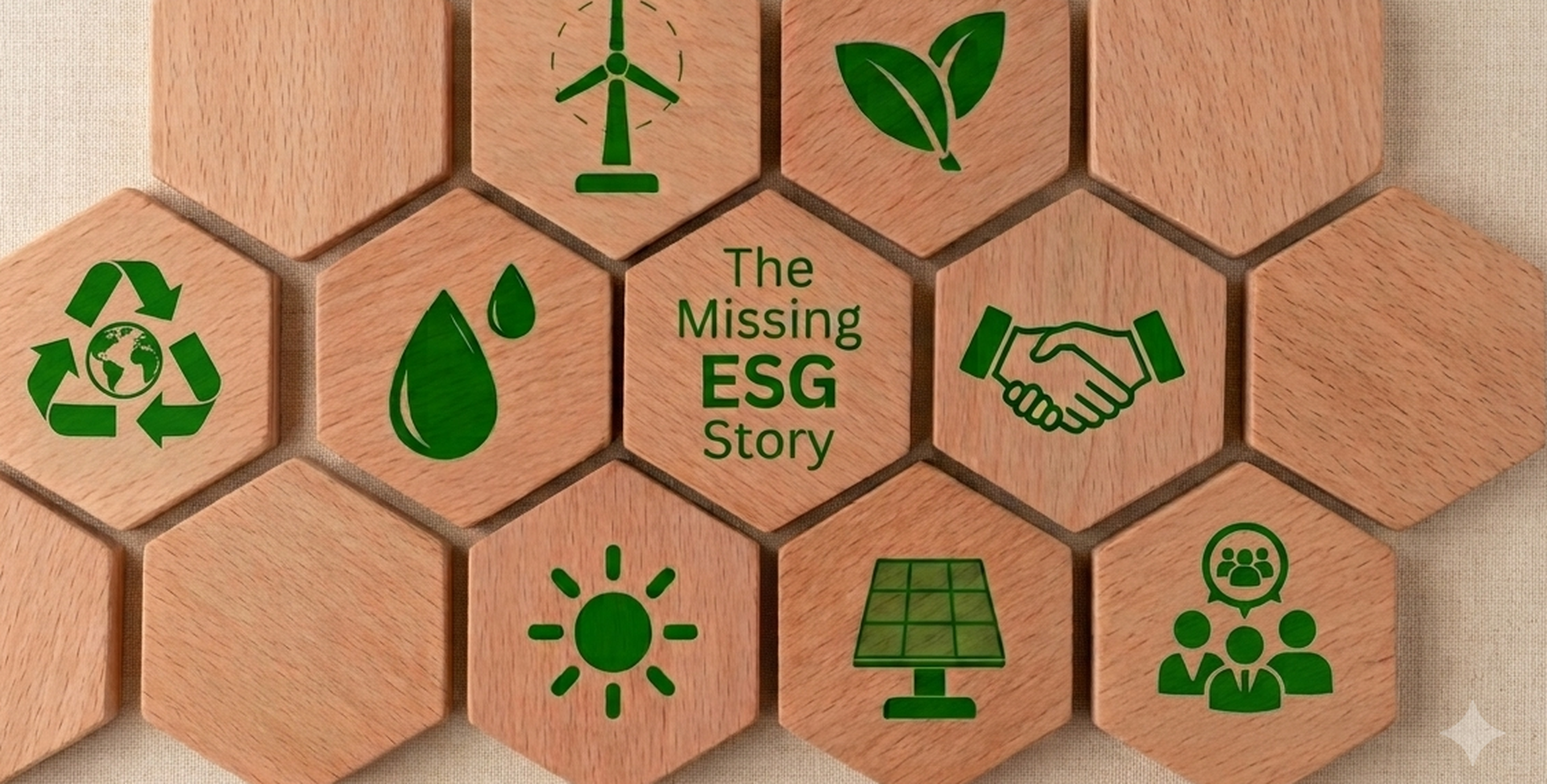 Hexagonal wood-tile icons carved with sustainability, governance and social-impact symbols, spelling out the ESG story