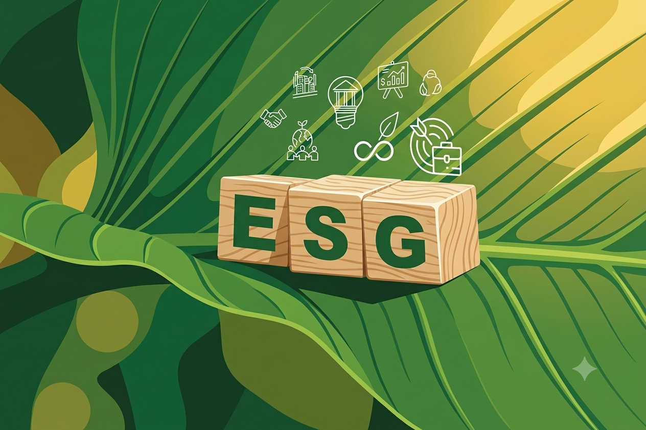 ESG wooden blocks resting on a leaf, surrounded by line icons representing sustainability, governance and social impact